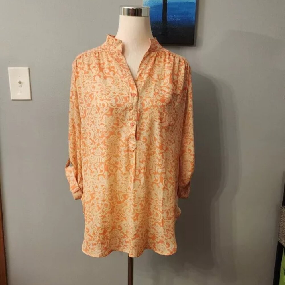 CALS Semi- Sheer Tunic Blouse Paisley Orange Ivory Roll Tab Sleeve Pockets Large